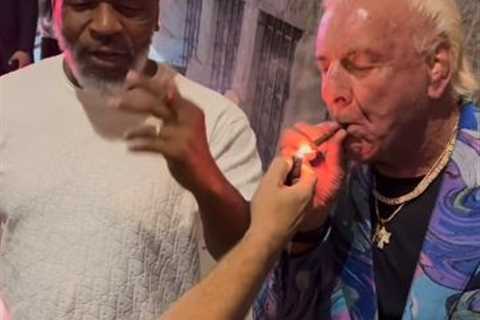 ‘Best clip I’ve ever seen’ – Mike Tyson and WWE legend Ric Flair smoke a joint together leaving..