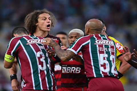 Watch furious ex-Arsenal ace David Luiz square up to Fluminense bad-boy Felipe Melo as FIVE sent..