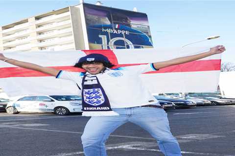 Sun man Joe Hadden poses in England kit in front of Kylian Mpabbe’s old apartment block in Paris