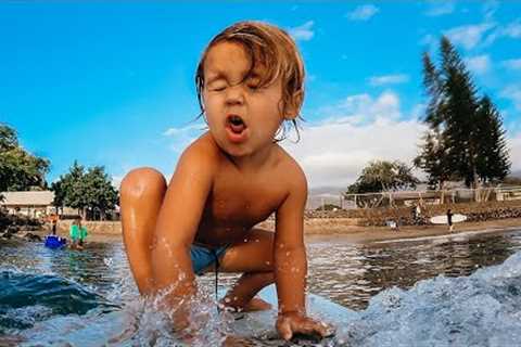 BABY SURF AND SWIM LESSONS. 3 Yr Old Cali Deep Dive Routine in Hawaii.