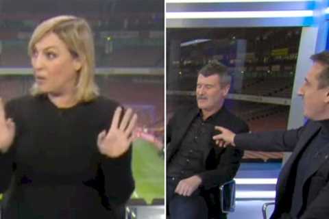 Sky Sports ‘chaos’ as Kelly Cates struggles to keep hold of Roy Keane and Gary Neville