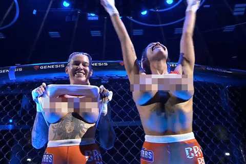 TV viewers stunned as giggling MMA fighters flash crowd before fight having also got boobs out in..