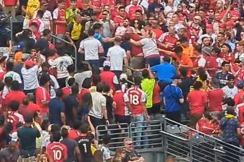 Watch fan get knocked out by rival supporter as crowd fight at heated Man Utd versus Arsenal..