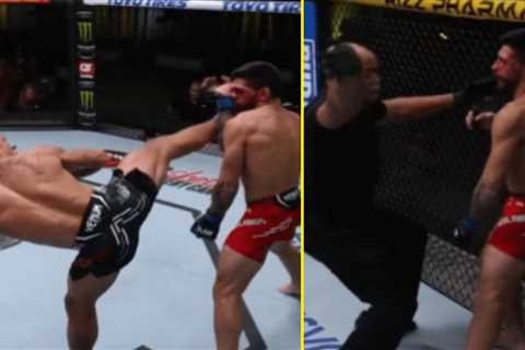 Incredible footage shows UFC star take spinning kick to the face and stay up only to be stopped..