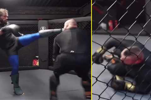 ‘Monster’ Russian fighter leaves 25-stone Eddie Hall dazed after dropping him with head kick as he..