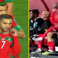 Forgotten Chelsea star Hakim Ziyech slams boots on the ground as he reacts furiously to substitution